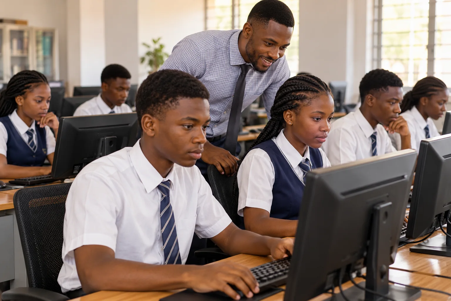 Young and older adults learning digital skills together in a training hall